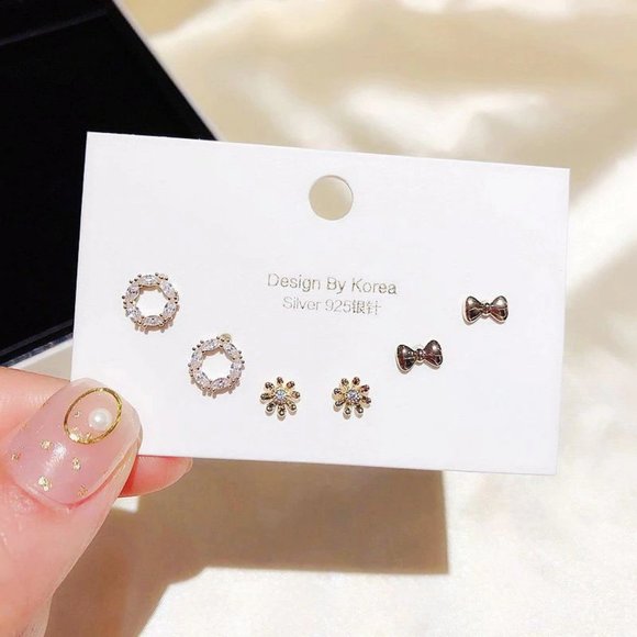 [3 Pairs] 925 Sterling Silver Diamond Earrings A - Picture 6 of 8